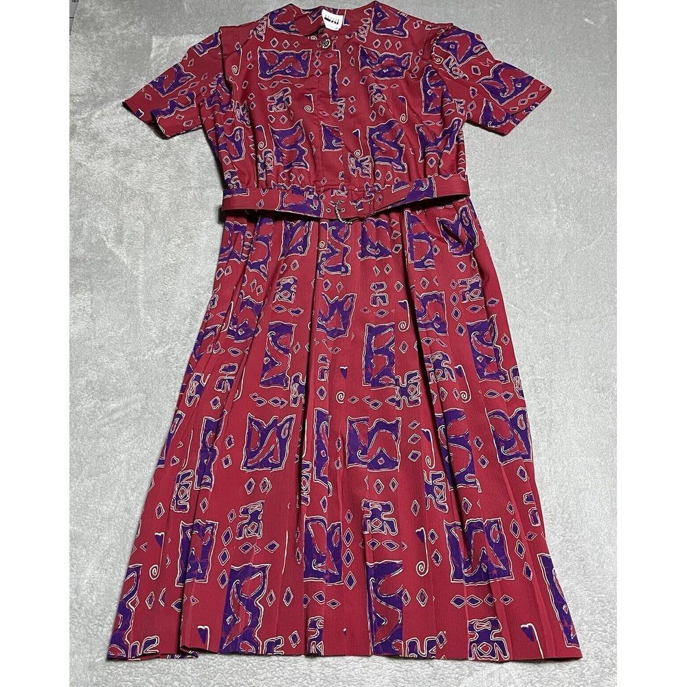 Vintage Leslie Fay Dress Women 16 Colorful Geometric Tribal Maxi Belted 70s 80s